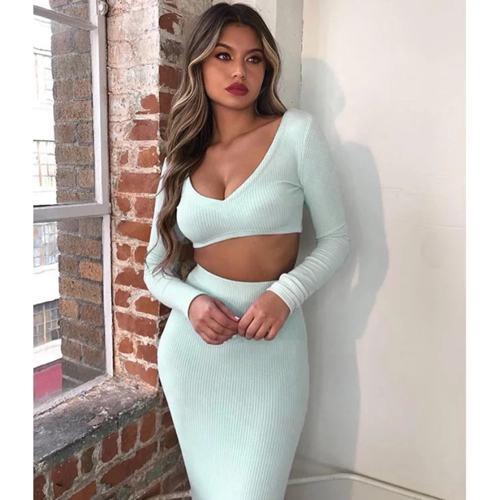 (Last 1)Long sleeve crop top & bodycon midi skirt - Picture 12 of 12
